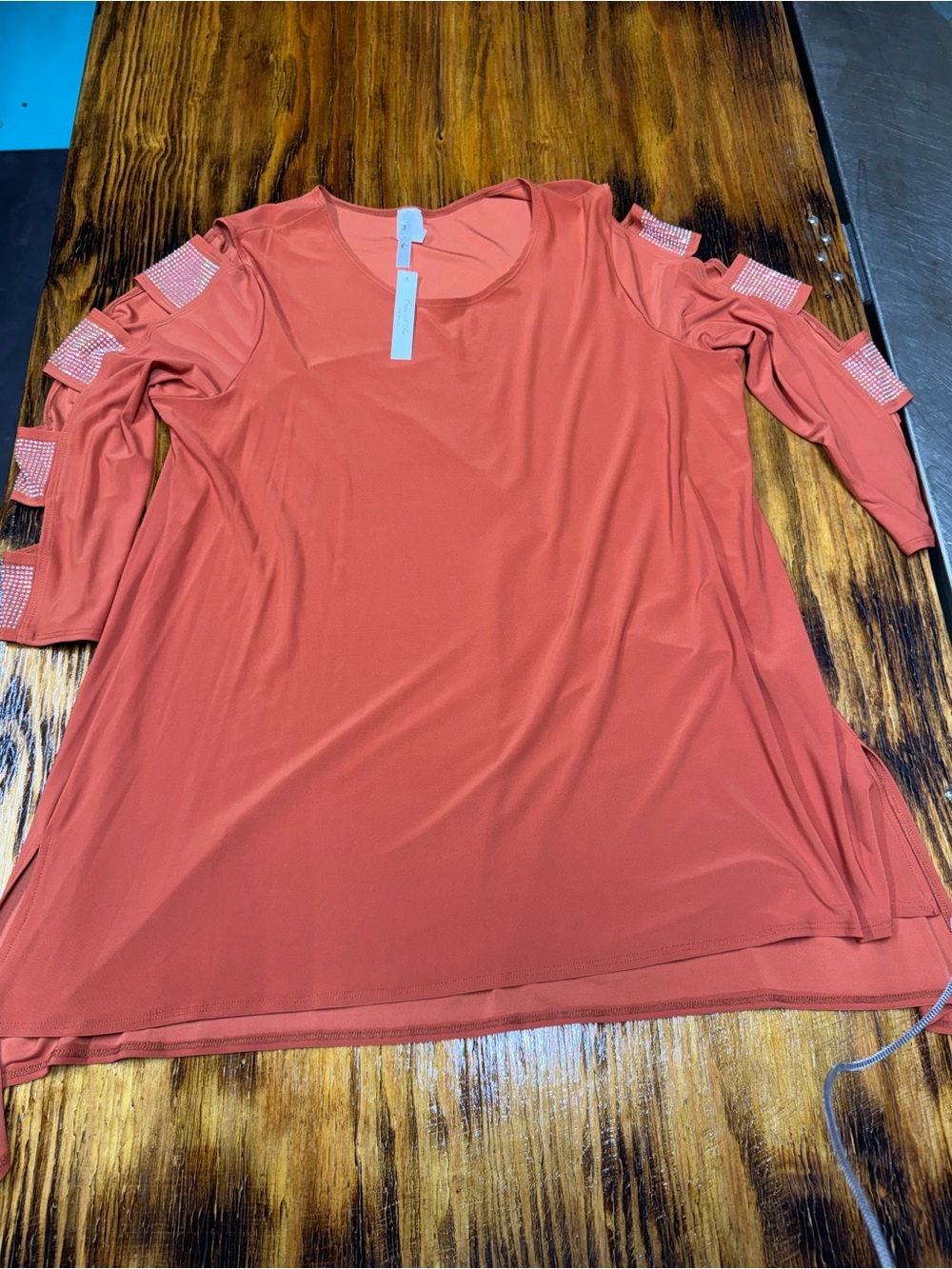 Cold-Shoulder Tunic Top with Embellished Sleeve Straps - Rust